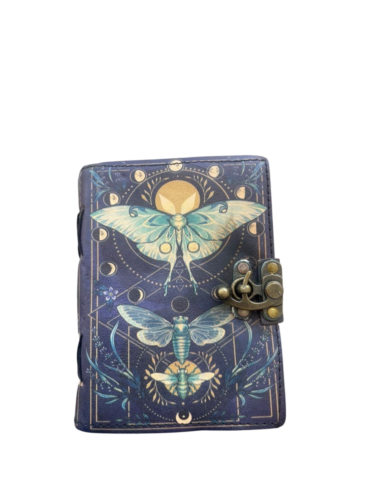 Handmade Leather Journal with Deckle Edge Pages – Vintage Moth & Moon Design, 200 Pages, Lock Clasp Notebook