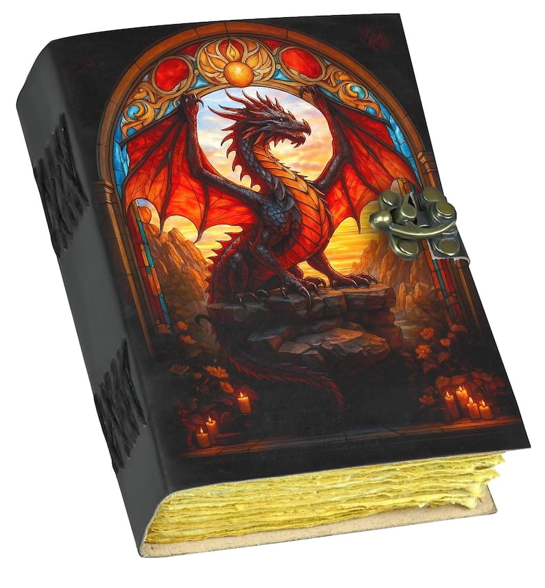 Handmade Leather Journal with Dragon Artwork – 5x7 Inch Notebook with 200 Deckle Pages – Vintage Leather Sketchbook for Writing, Drawing & Gifting