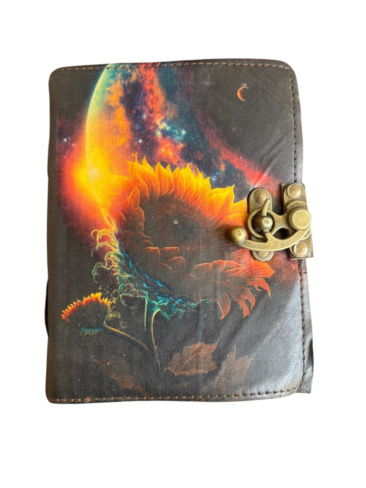 Handmade Leather Journal with Lock, 200 Deckle Edge Pages, Sunflower Eye Art Vintage Diary, 5x7 Inch