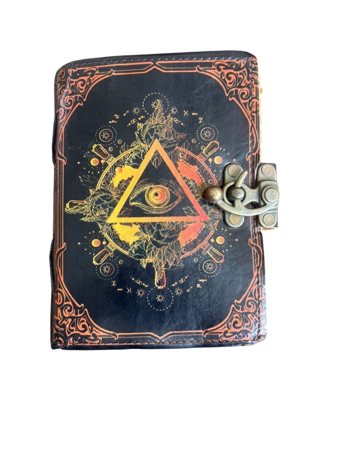 Handmade Leather Journal with Lock, 200 Deckle Edge Pages, Vintage Embossed Diary with Mystic Eye Design, 5x7 Inch