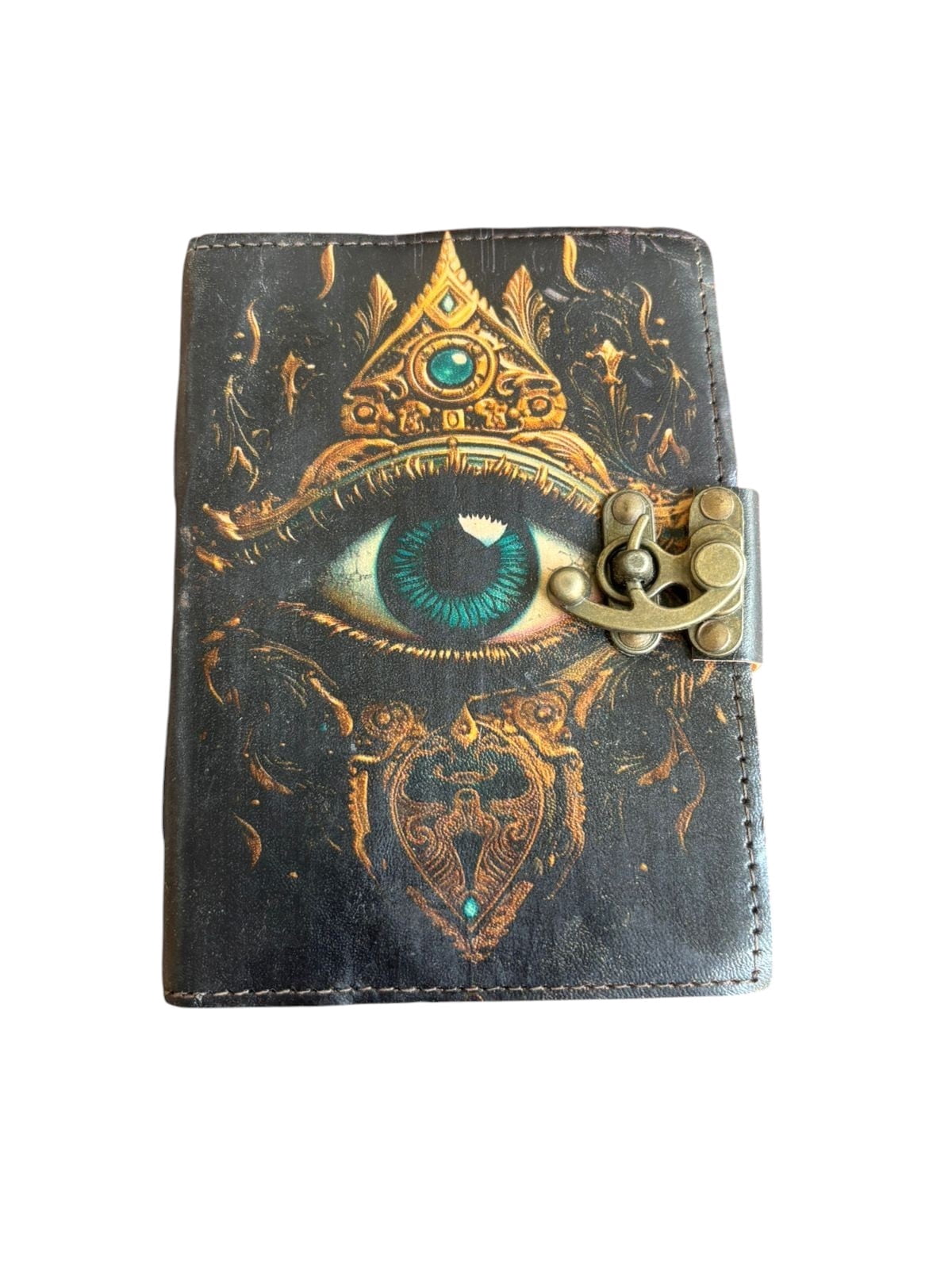 Handmade Leather Journal with Lock, 200 Deckle Edge Pages, Vintage Eye Design Diary, Artistic Writing Notebook, 5x7 Inch