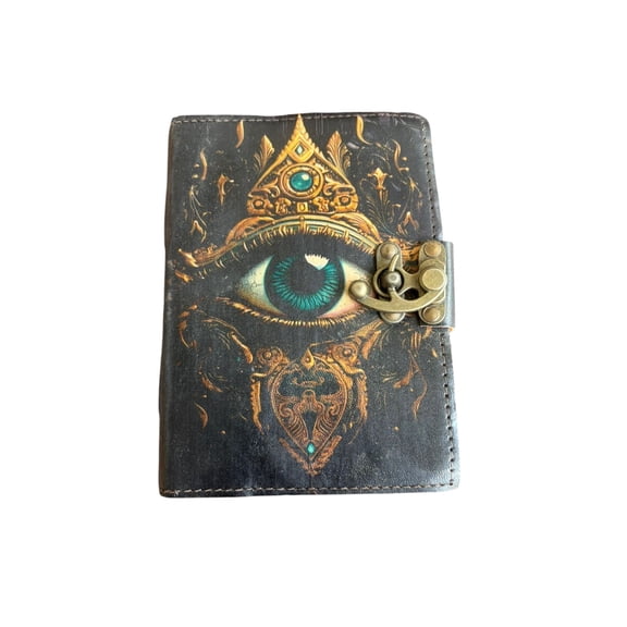 Handmade Leather Journal with Lock, 200 Deckle Edge Pages, Vintage Eye Design Diary, Artistic Writing Notebook, 5x7 Inch
