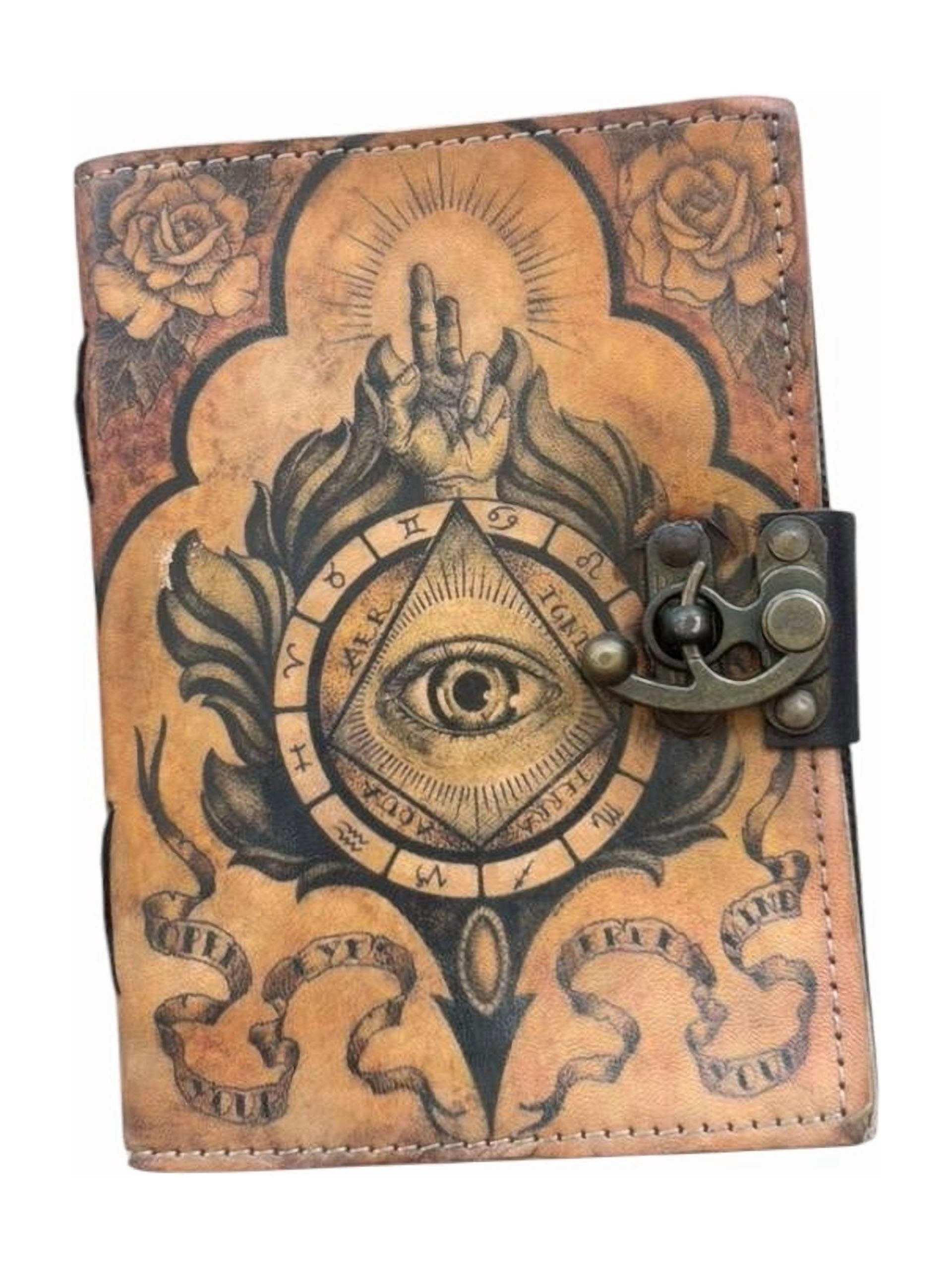Handmade Leather Journal with Lock – All Seeing Eye Design, White Drawing Paper Notebook, Vintage Spiritual Diary, Lightweight Sketchbook (5x7)