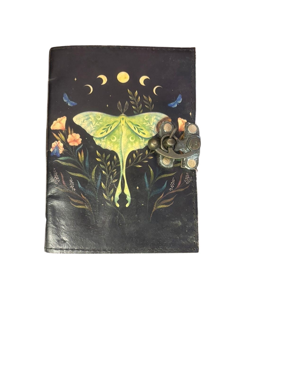 Handmade Leather Journal with Lock – Butterfly & Moon Design Vintage Notebook, White Drawing Pages, 5x7 Inch Diary