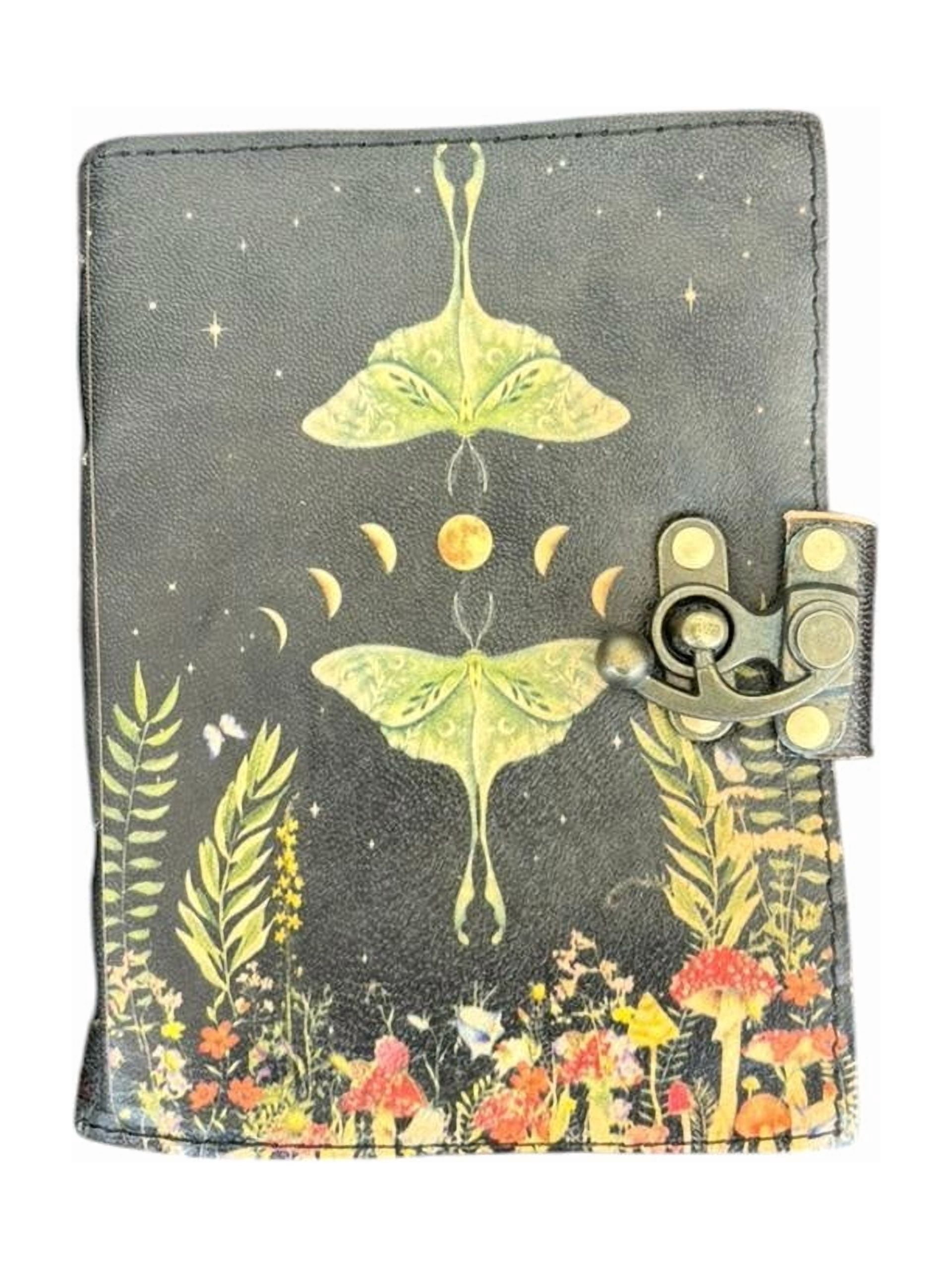 Handmade Leather Journal with Lock – Luna Moth & Moon Phase Design, Deckle Edge Paper, 5x7 Inch Vintage Diary