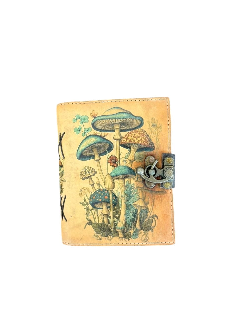 Handmade Leather Journal with Lock – Mushroom Art Cover, White Deckle Edge Drawing Paper, Vintage Aesthetic Notebook, Lightweight Diary