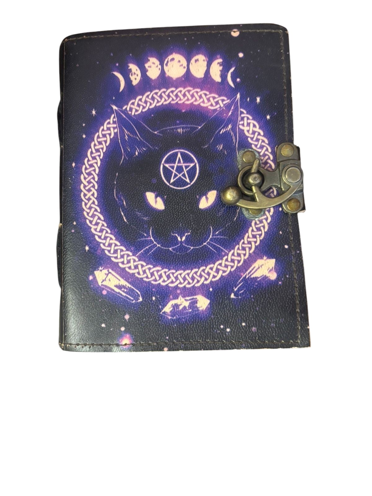Handmade Leather Journal with Lock – Mystic Cat & Moon Phases Design Notebook, White Drawing Pages, 5x7 Inch Vintage Diary