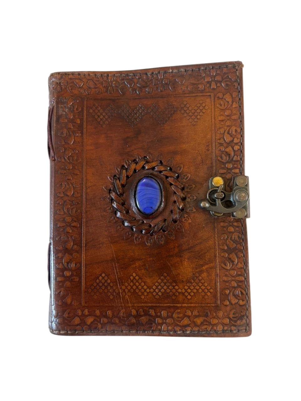Handmade Leather Journal with Lock & Stone – 5x7 Inch Vintage Diary, 200 Deckle Edge Pages, Rustic Writing Notebook