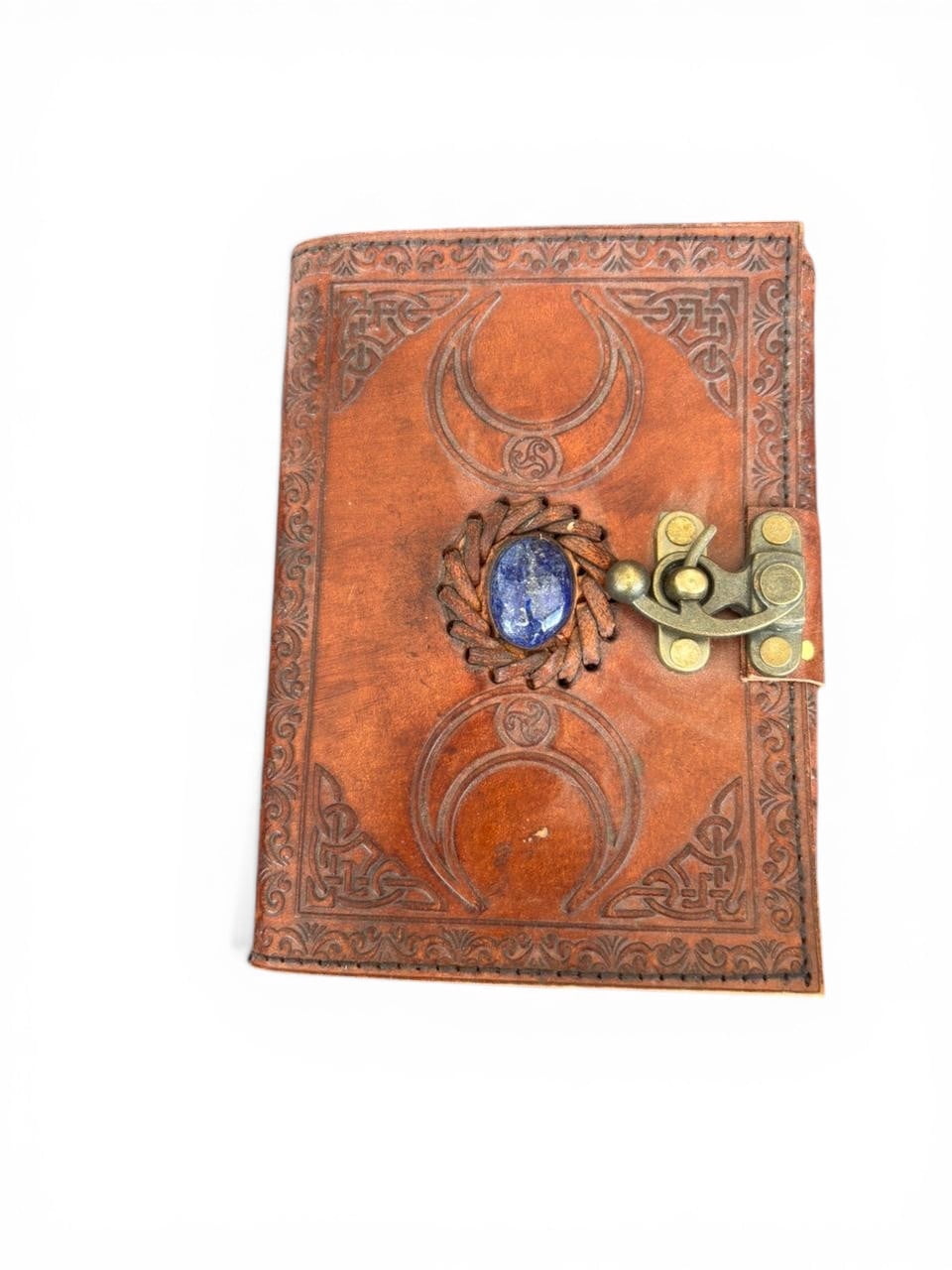 Handmade Leather Journal with Lock & Stone – White Drawing Paper Notebook, Vintage Embossed Diary, Sketchbook (5x7)