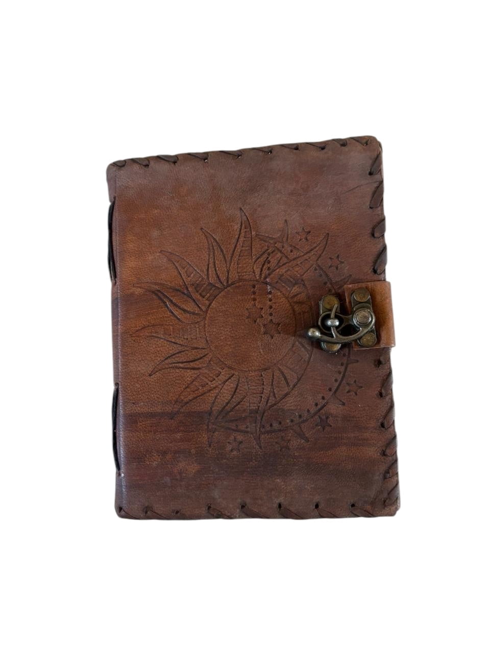 Handmade Leather Journal with Lock – Sun Embossed Design, White Drawing Paper Notebook, Vintage Antique Diary, Lightweight Sketchbook (5x7)