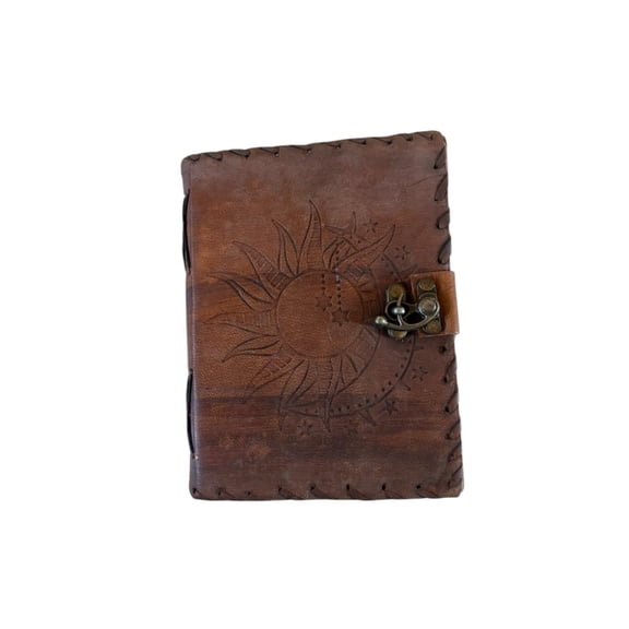 Handmade Leather Journal with Lock – Sun Embossed Design, White Drawing Paper Notebook, Vintage Antique Diary, Lightweight Sketchbook (5x7)