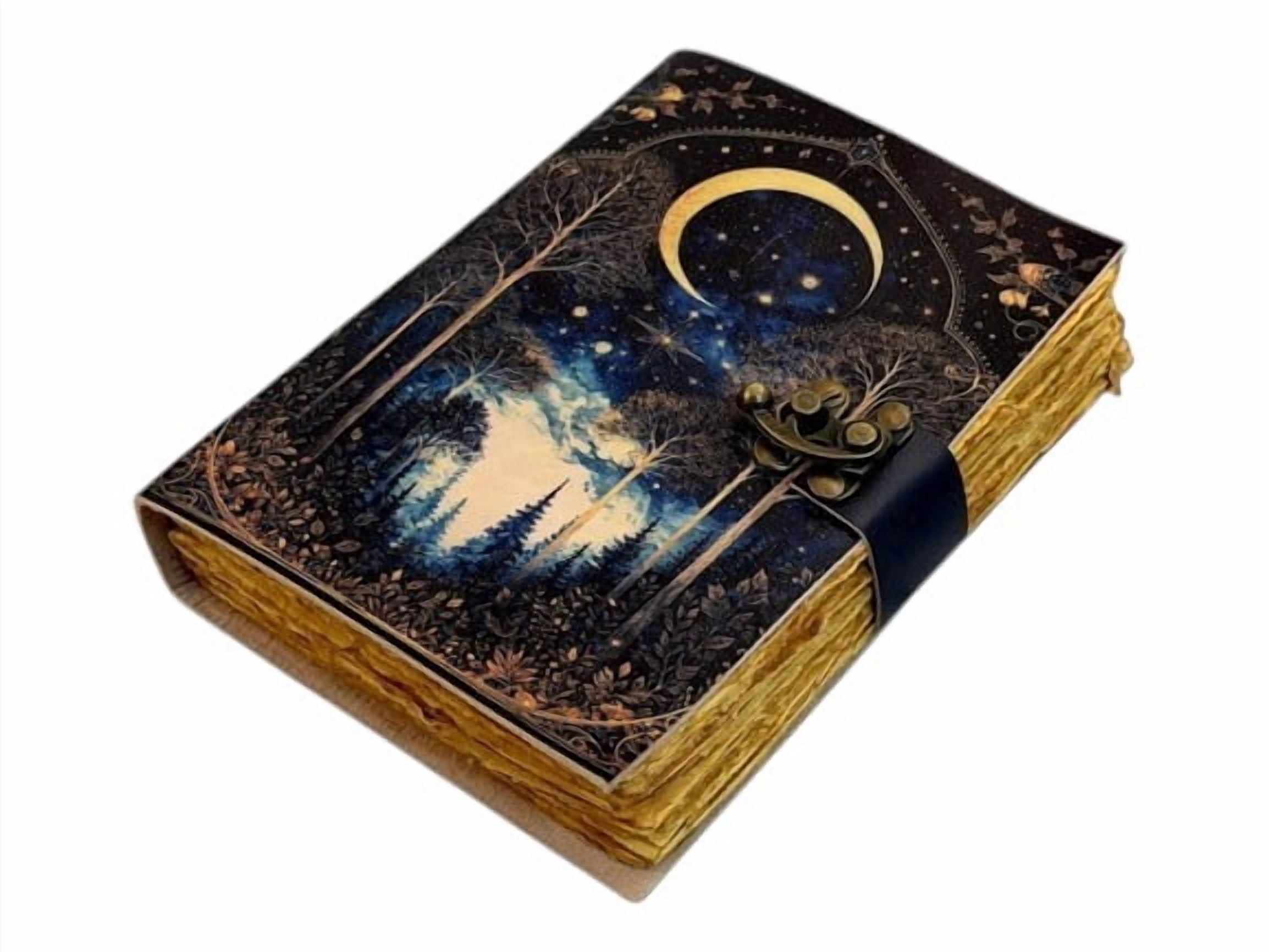 Handmade Leather Journal with Moon & Forest Design, 200 Deckle Edge Pages, 5x7 Vintage Notebook with Metal Clasp