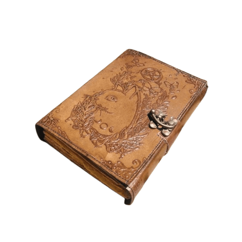 Handmade Leather Journal with Moon & Nature Embossed Design – 5x7 Inch Vintage Deckle Paper Notebook, 200 Pages