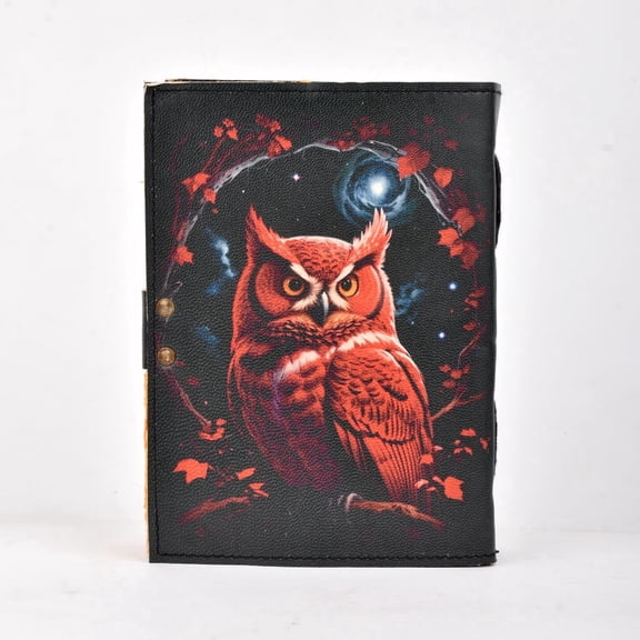Handmade Leather Journal with Red Owl Design, Vintage Lock Diary Notebook, Gothic Art Writing Journal Gift