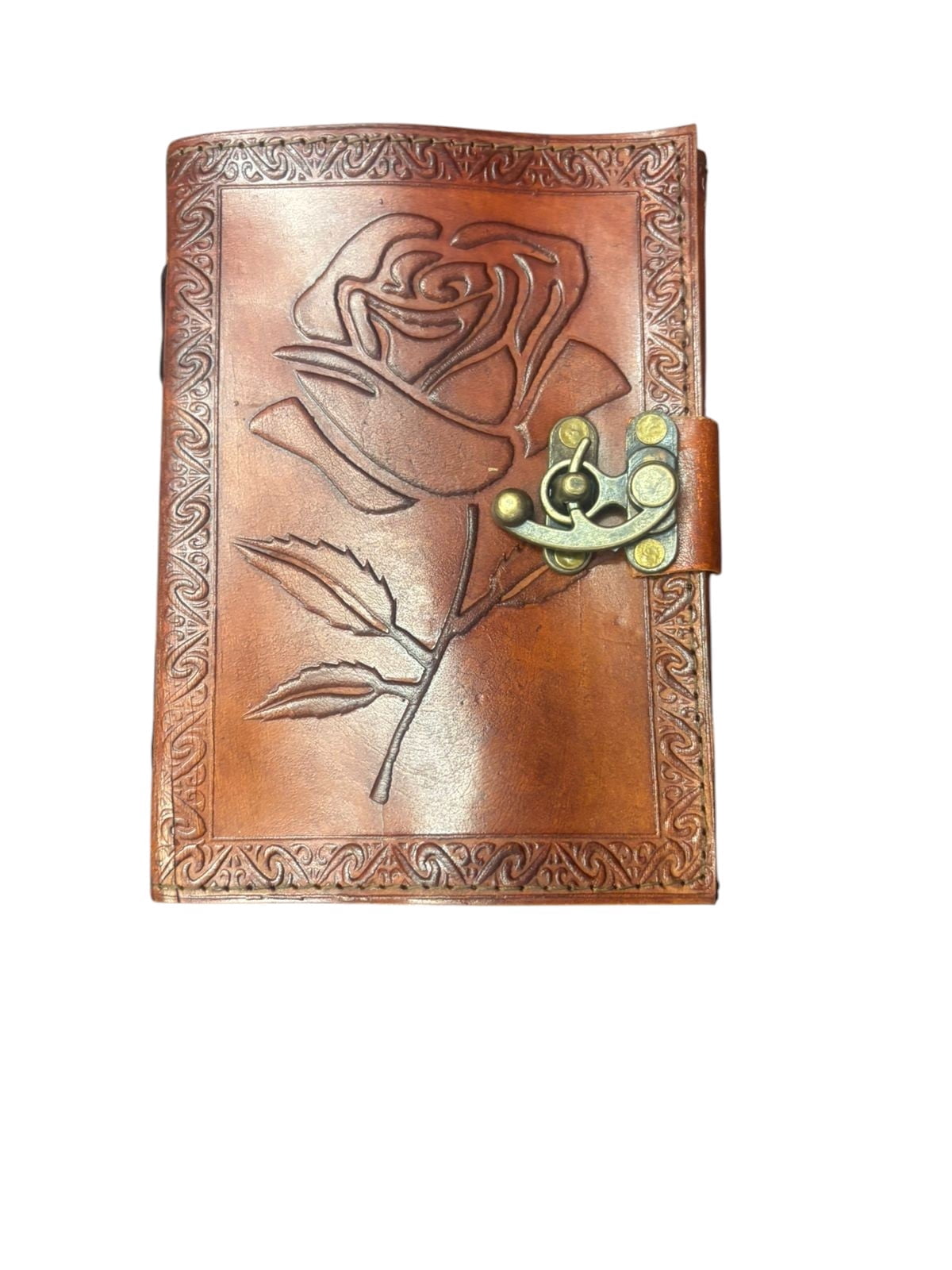 Handmade Leather Journal with Rose Design & Lock – 5x7 Inch, White Drawing Pages, Vintage Diary Notebook