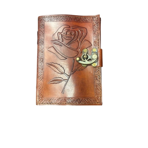 Handmade Leather Journal with Rose Design & Lock  5x7 Inch, White Drawing Pages, Vintage Diary Notebook