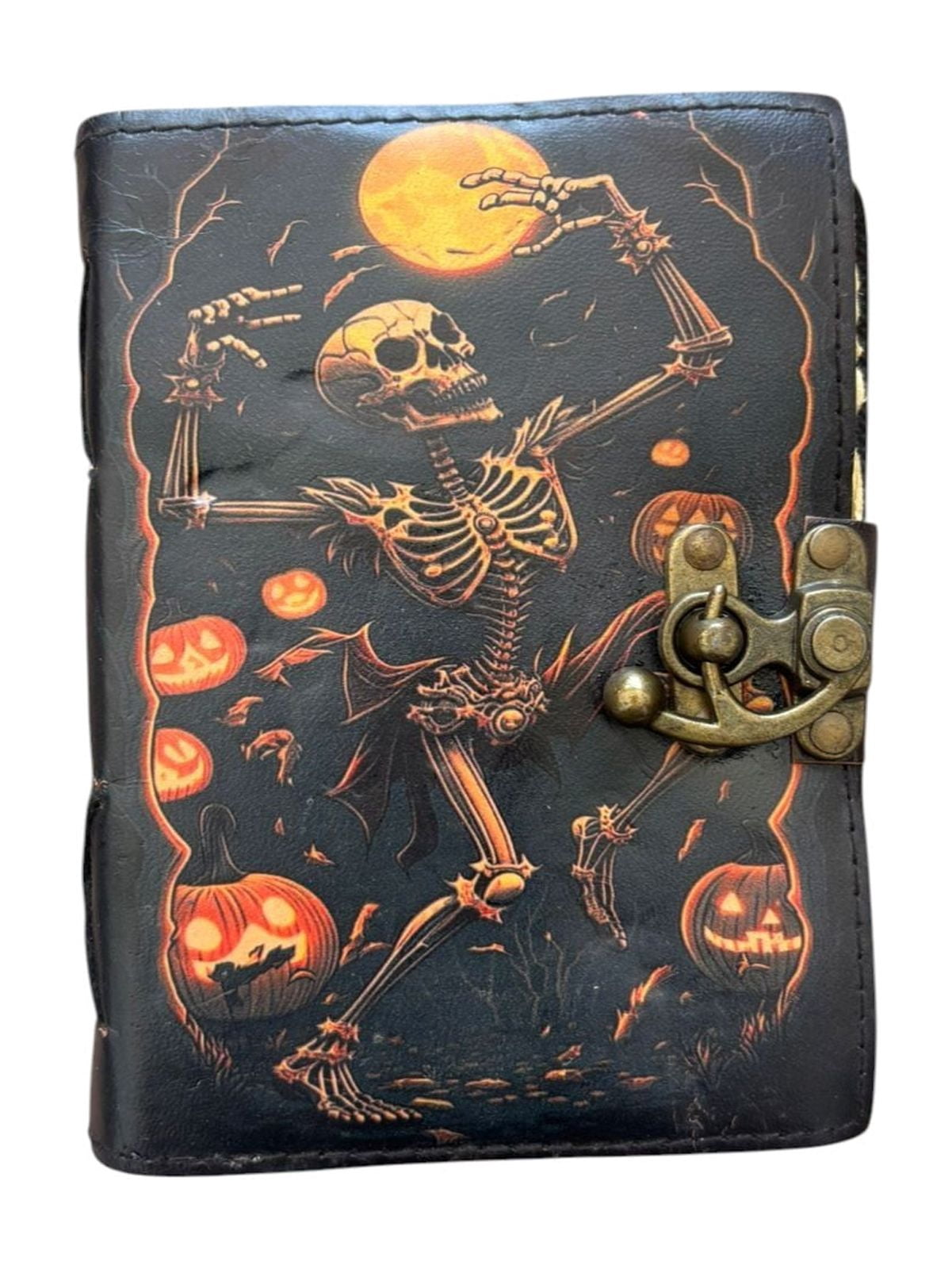 Handmade Leather Journal with Skeleton & Pumpkin Design – 200 Deckle Edge Pages, Vintage Lock Diary, Gothic Halloween Notebook