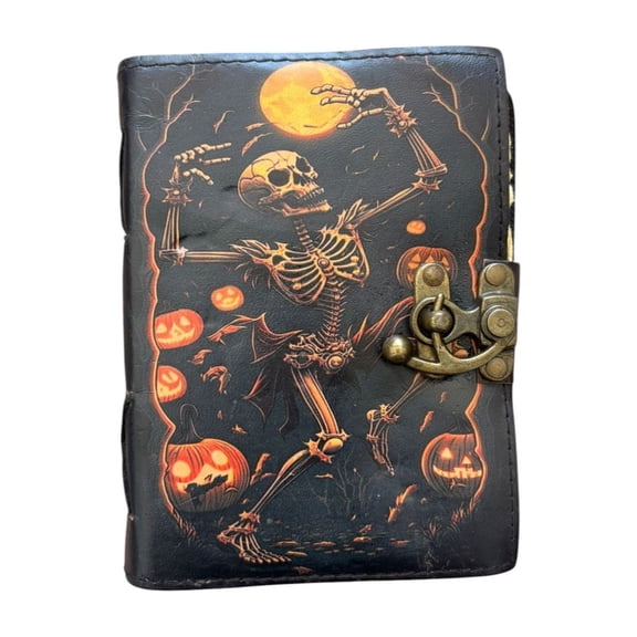 Handmade Leather Journal with Skeleton & Pumpkin Design 200 Deckle Edge Pages, Vintage Lock Diary, Gothic Halloween Notebook