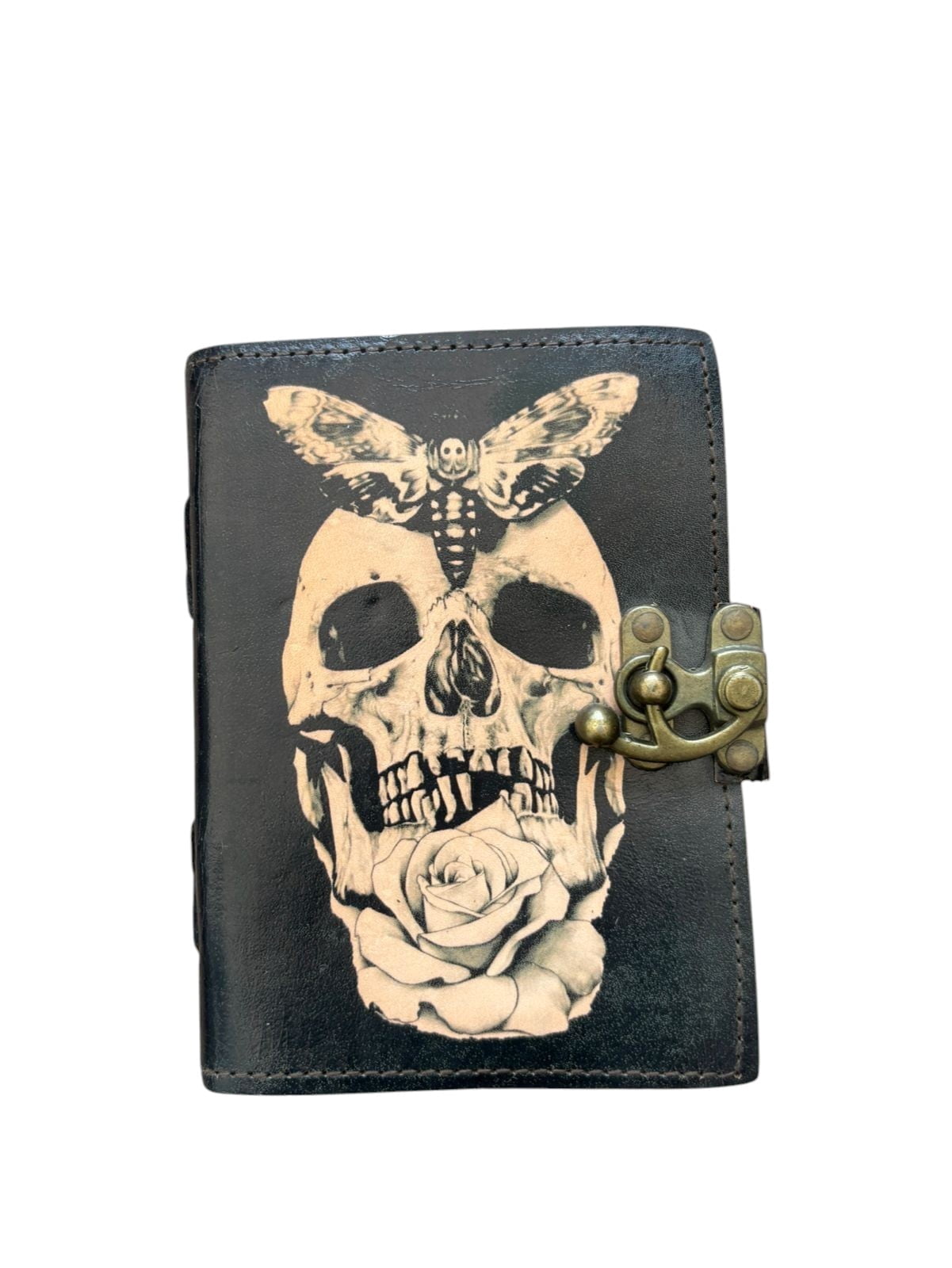 Handmade Leather Journal with Skull, Moth & Rose Design – 200 Deckle Edge Pages, Gothic Vintage Lock Diary, Lightweight Notebook