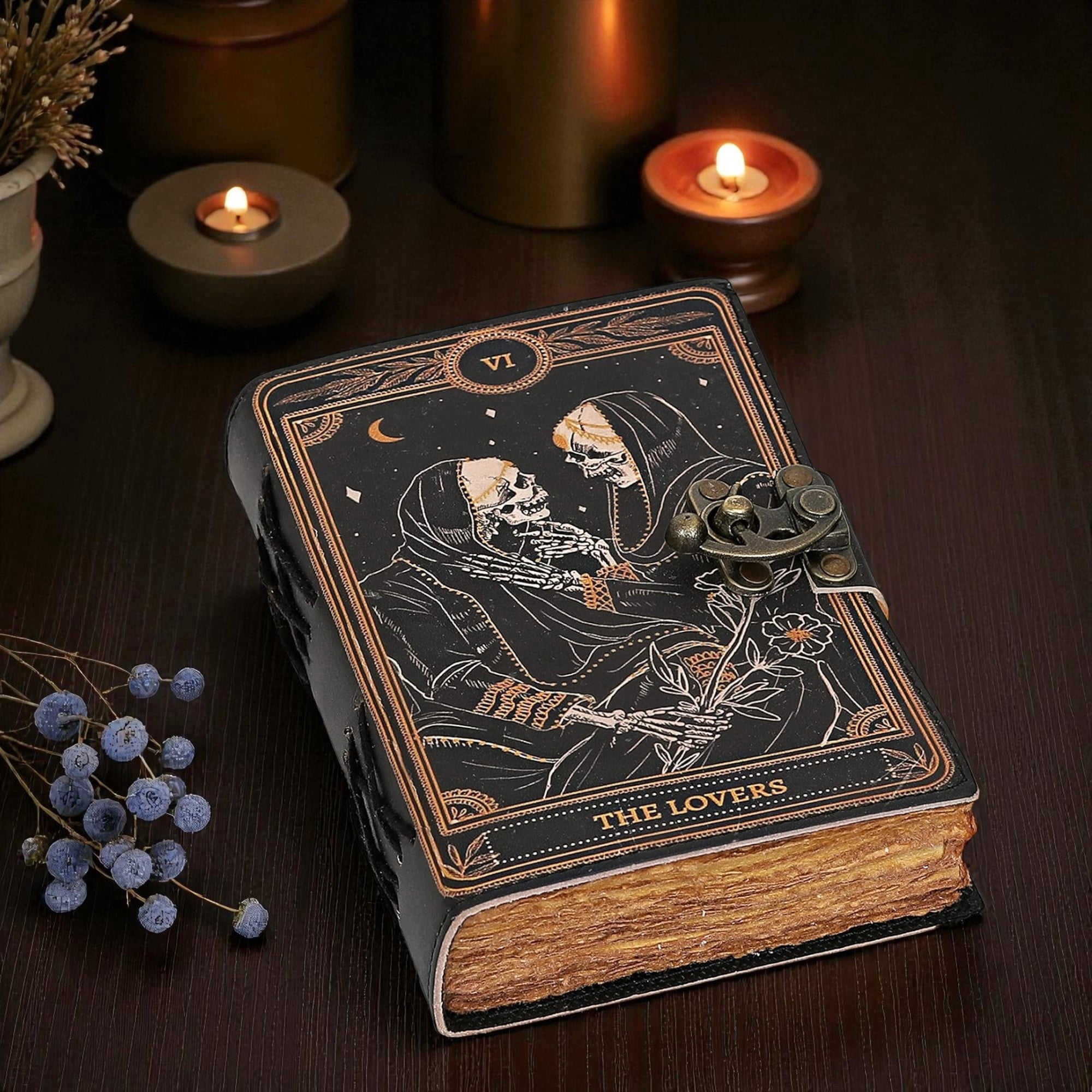 Handmade Leather Journal with Tarot “The Lovers” Design – 5x7 inch Vintage Notebook, 200 Deckle Edge Pages, Antique Lock, Premium Gift Diary