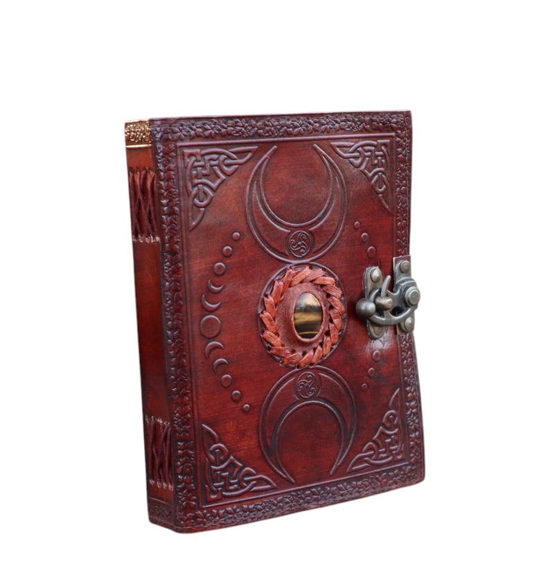 Handmade Leather Journal with Tiger Eye Stone & Celtic Moon Design – 5x7 Inch Vintage Deckle Paper Notebook, 200 Pages