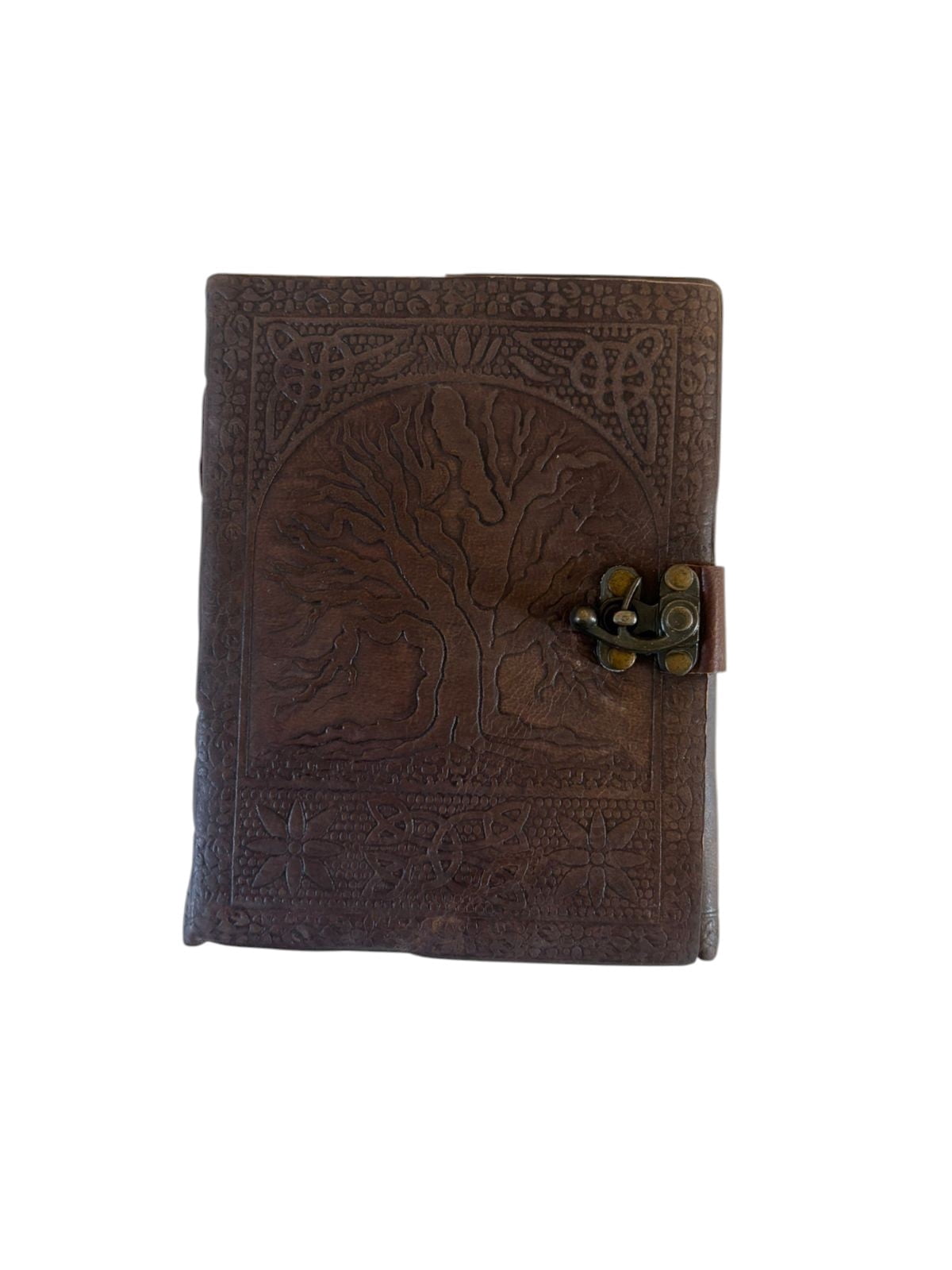 Handmade Leather Journal with Tree Design & Lock – Vintage Diary, Deckle Edge Pages, Rustic Notebook