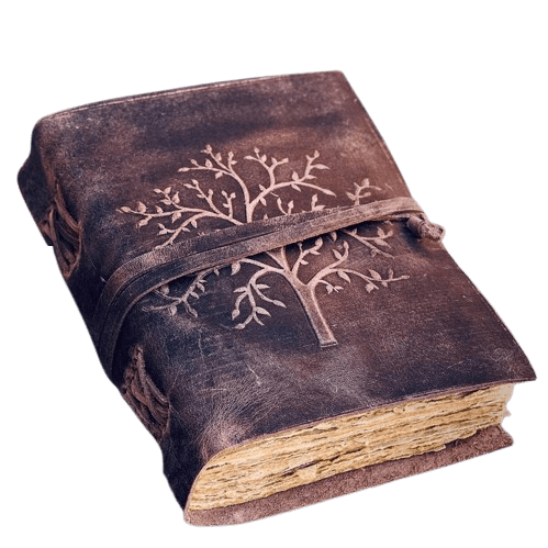 Handmade Leather Journal with Tree of Life Embossing – 5x7 Inch Vintage Notebook, 200 Deckle Paper Pages, Rustic Wrap Closure