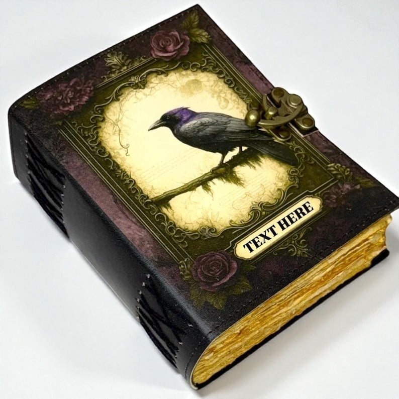 Handmade Leather Journal with Vintage Crow Artwork – 5x7 inch Notebook, 200 Handmade Papers, Antique Lock, Sketchbook & Gift Journal