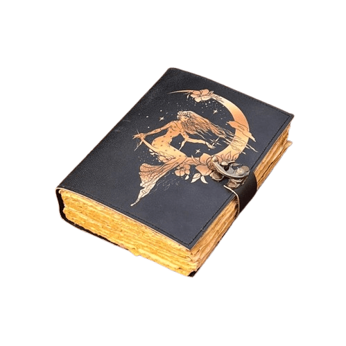 Handmade Leather Journal with Vintage Deckle Paper – 5x7 Inch Fairy & Moon Embossed Notebook, 200 Pages