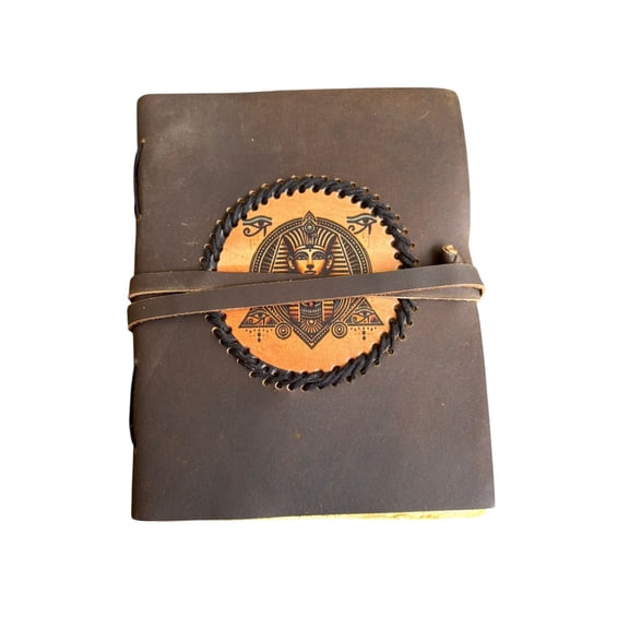 Handmade Leather Journal with Wrap Closure Egyptian Pharaoh Design, 6x4 Inch, Deckle Edge Pages Notebook