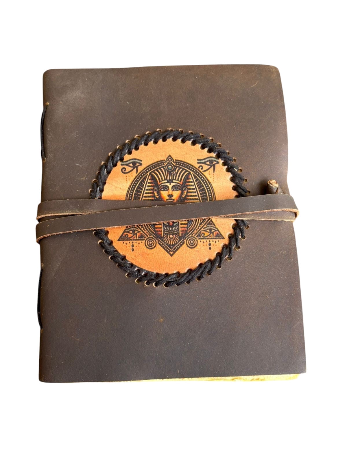 Handmade Leather Journal with Wrap Closure – Egyptian Pharaoh Design, 6x8 Inch, Deckle Edge Pages Notebook