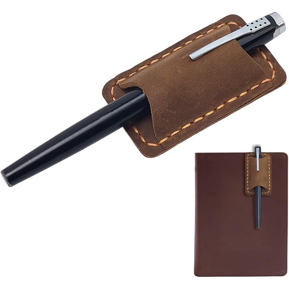 Handmade Leather Pen Holder Clip Cowhide Pen Loop Holder for Notebook Sturdy Camel Pencil Single Slot with Metal Clip Pen Organizer Sleeve