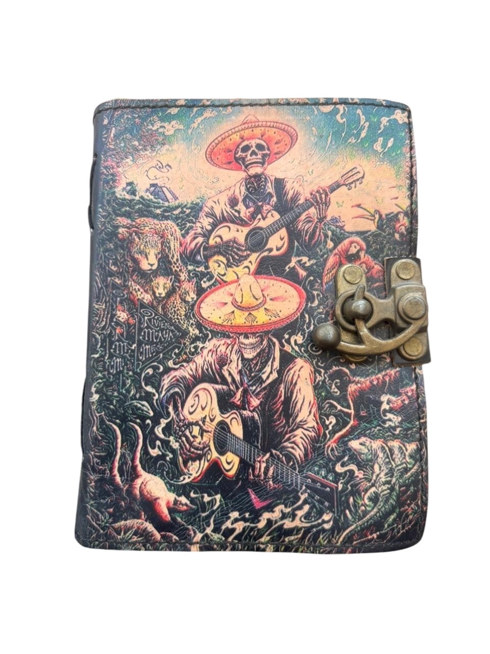 Handmade Leather Skull Guitar Journal with Lock – Vintage Deckle Edge Paper Notebook (5x7 Inch, 200 Pages) – Mexican Art Diary, Gothic Sketchbook