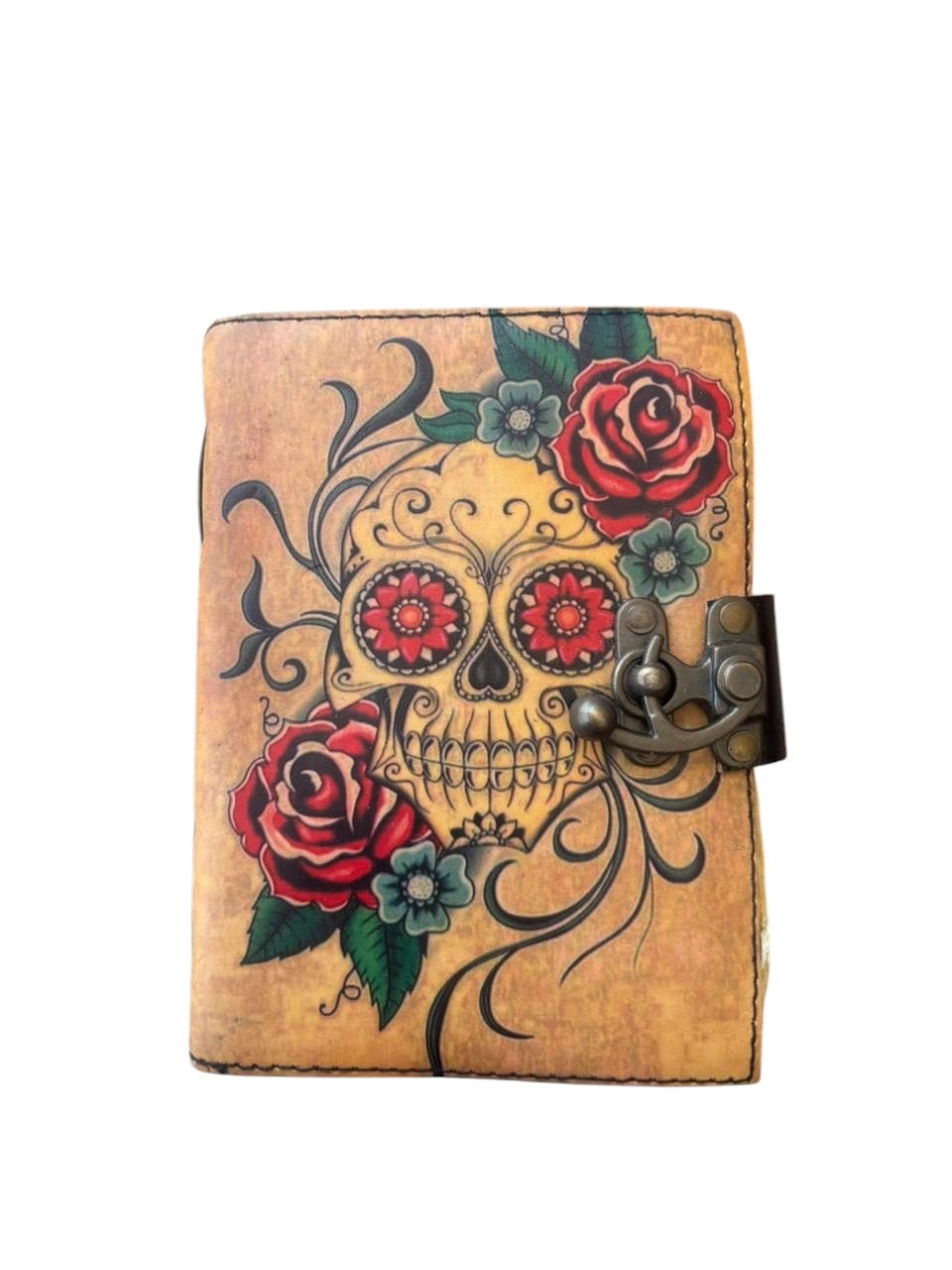 Handmade Leather Skull Journal with Lock – Vintage Deckle Edge Paper Notebook (5x7 Inch, 200 Pages) – Gothic Floral Diary, Travel Sketchbook