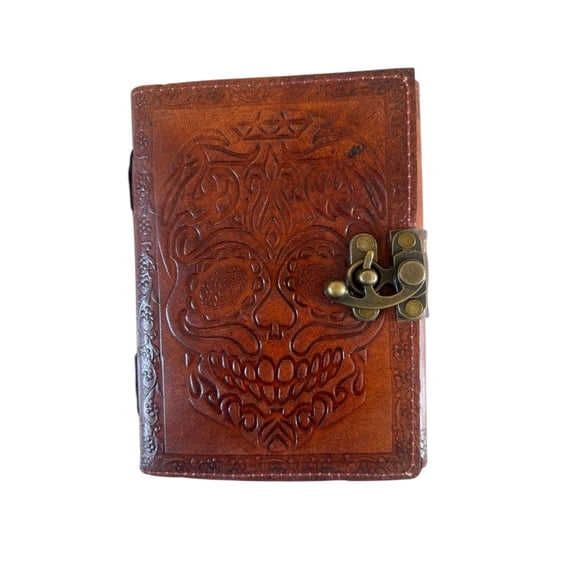 Handmade Leather Skull Journal with Lock Vintage Diary, Handmade Deckle Edge Pages, Gothic Writing Notebook