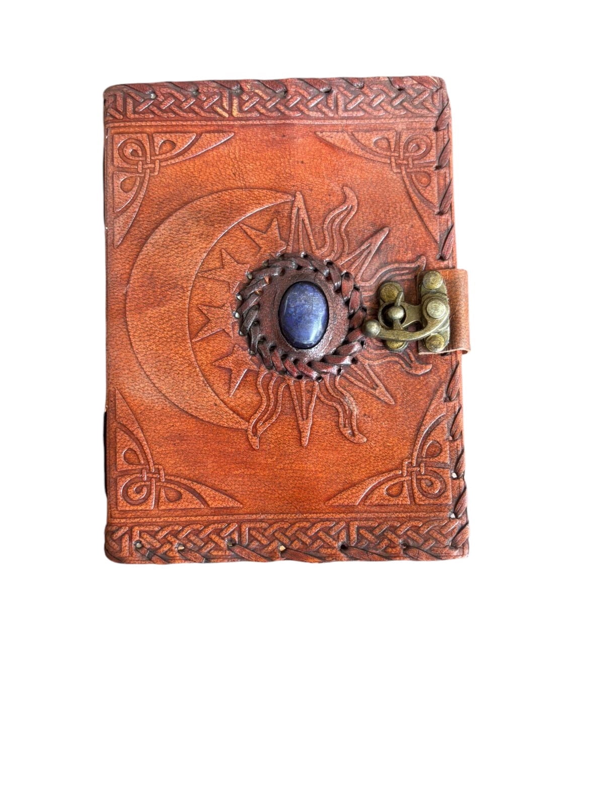 Handmade Leather Sun & Moon Journal with Stone Closure, Embossed Cover, White Drawing Pages, Vintage Diary 5x7 Inch