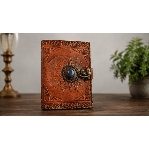 Handmade Leather Sun & Moon Journal with Stone Closure, Embossed Cover, White Drawing Pages, Vintage Diary 5x7 Inch