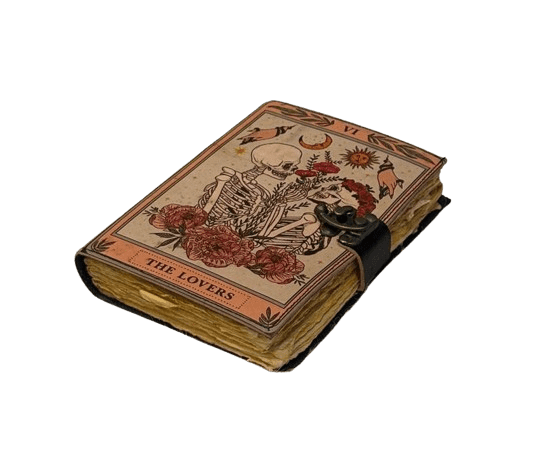 Handmade Leather Tarot Journal – 5x7 Inch Vintage Notebook with “The Lovers” Design, 200 Handmade Paper Pages, Antique Clasp