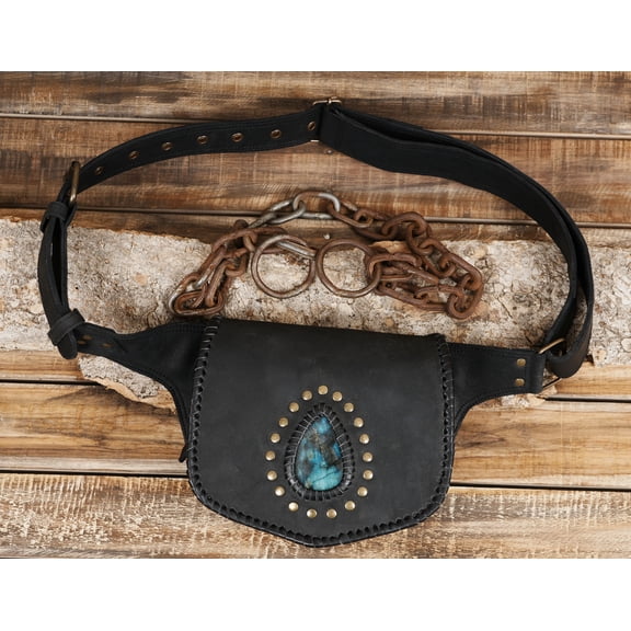 Handmade Leather Waist Belt with Side Pockets, Decorative Studs, Unisex