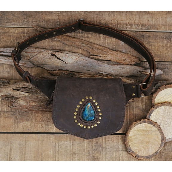 Handmade Leather Waist Belt with Side Pockets, Decorative Studs, Unisex