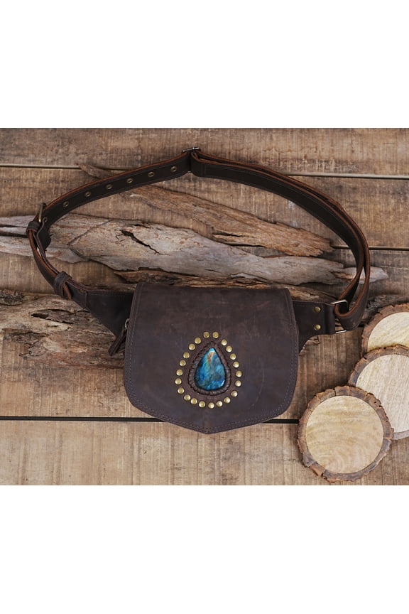 Handmade Leather Waist Belt with Side Pockets, Decorative Studs, Unisex