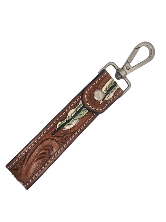 Leather Keychain Wristlet Handmade Full Grain Leather Key Strap with Swivel Clip, Tooled Western Key Fob Holder for Men & Women