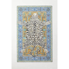 Handmade Leopard Print Wool Area Rug, Hand-Tufted Animal Pattern Carpet with Cotton Backing for Living Room, Bedroom, Office and Home Décor, Blue, 5x8 ft
