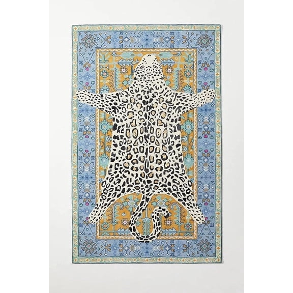 Handmade Leopard Print Wool Area Rug, Hand-Tufted Animal Pattern Carpet with Cotton Backing for Living Room, Bedroom, Office and Home Décor, Blue, 5x8 ft