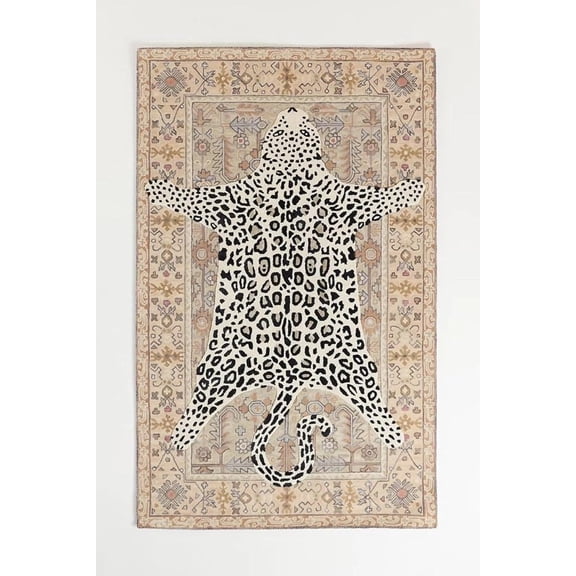 Handmade Leopard Print Wool Area Rug, Hand-Tufted Animal Pattern Carpet with Cotton Backing for Living Room, Bedroom, Office and Home Décor, Natural, 5x8 ft
