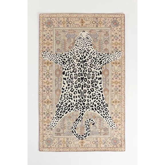 Handmade Leopard Print Wool Area Rug, Hand-Tufted Animal Pattern Carpet with Cotton Backing for Living Room, Bedroom, Office and Home Décor, Natural, 5x8 ft