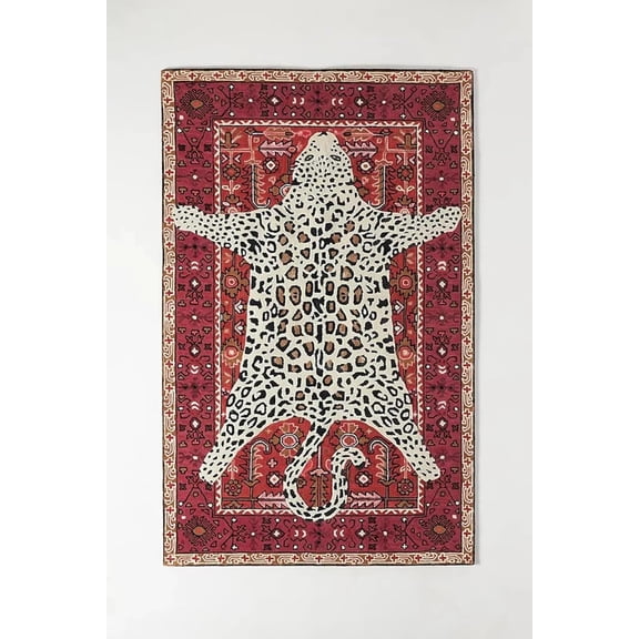 Handmade Leopard Print Wool Area Rug, Hand-Tufted Animal Pattern Carpet with Cotton Backing for Living Room, Bedroom, Office and Home Décor, Red, 6x9 ft