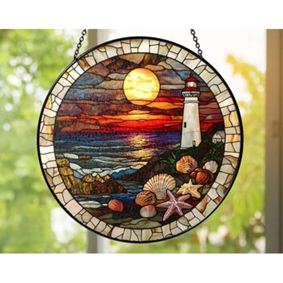 Handmade Lighthouse Glass Suncatcher: Seashell Ocean Sunset Window Art, 3.5 in