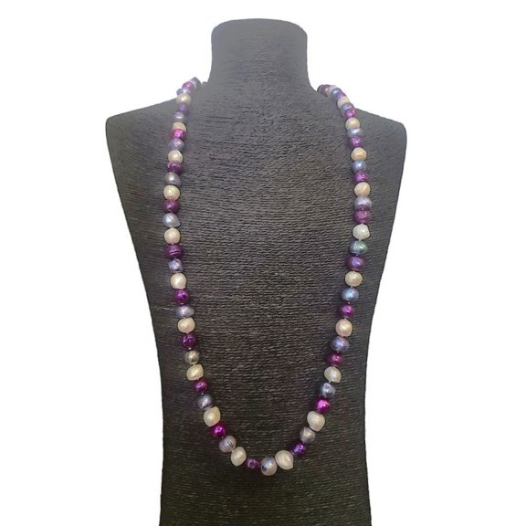 Handmade Long Chunky Purple & White Baroque Freshwater Pearl Statement Necklace
