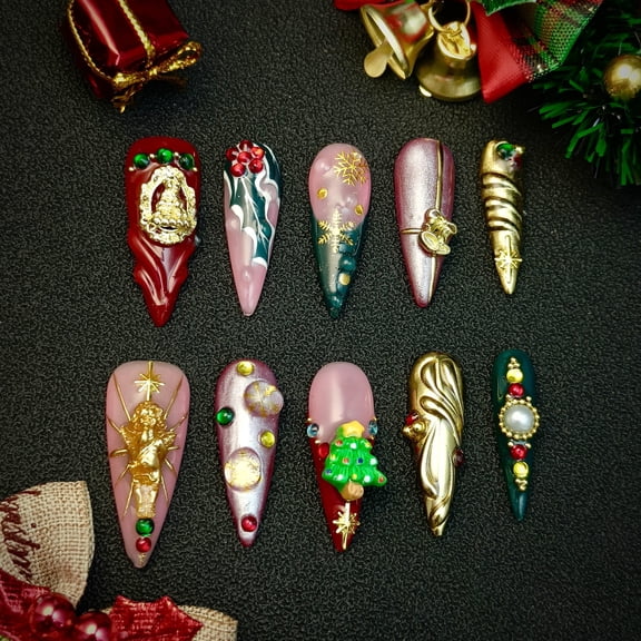 Handmade Long Pointed Press On Nails, 3D Christmas Tree Red Gold Green Hand Painted Design, Reusable False Nails for Party Date 10Pcs